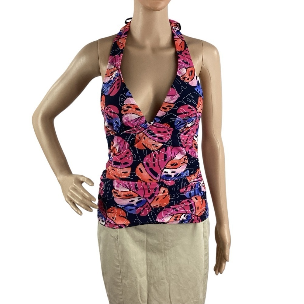 Tommy Hilfiger Ruched Halter Tankini Top Tropical Leaf Print XS